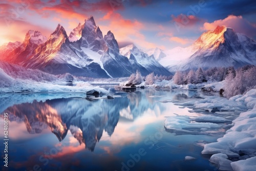 Obraz na płótnie Winter landscape with snow covered rocks, fjord at night. Frozen sea coast at colorful sunset in Lofoten islands, Norway. Snowy mountains, ice, reflection in water, purple sky. generative ai. w salonie