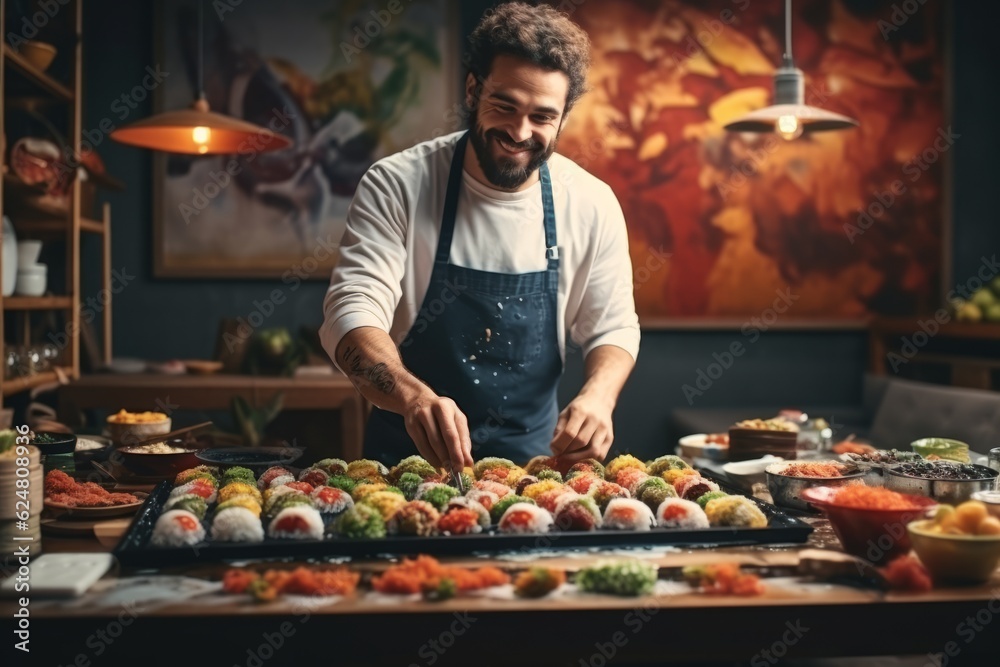 the sous chef prepares a sushi set in the kitchen. generative ai.