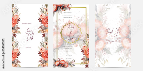 Orange rose flowers and leaves watercolor wedding invitation card with text layout. Wedding invitation, save the date cards