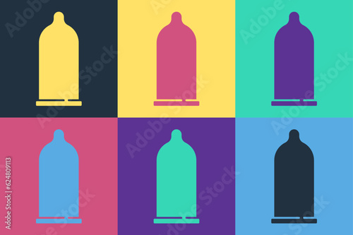 Pop art Condom safe sex icon isolated on color background. Safe love symbol. Contraceptive method for male. Vector
