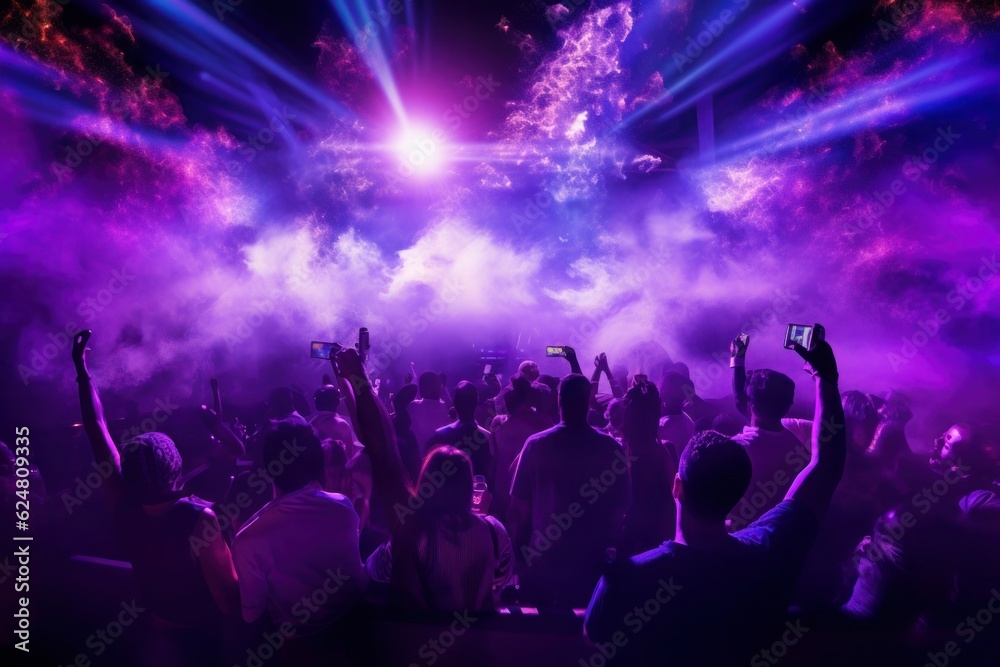 Vibrant party goers in a nightclub with purple background as CO2 cannons fire. Dynamic and energetic atmosphere. Generative AI
