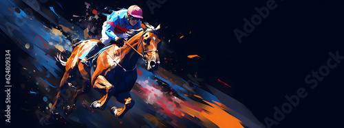 courses hippique, chevaux et jockey stylisé en peinture moderne photo