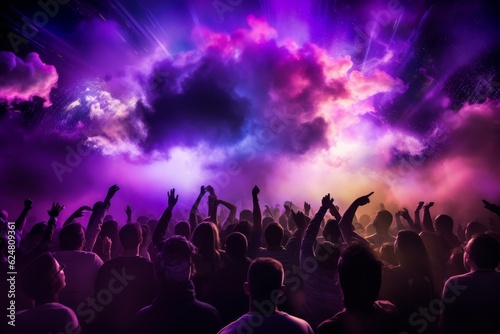Vibrant party goers in a nightclub with purple background as CO2 cannons fire. Dynamic and energetic atmosphere. Generative AI