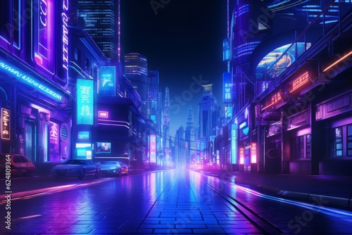 Neon night in a cyberpunk city. Photorealistic 3d illustration of the futuristic city. Empty street with blue and purple neon lights. Generative AI