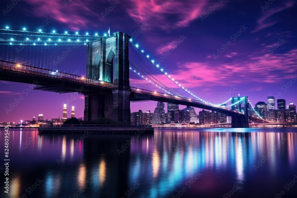 Fototapeta premium Iconic Brooklyn Bridge in New York adorned with a purple and blue hue. Captivating and vibrant cityscape. Generative AI