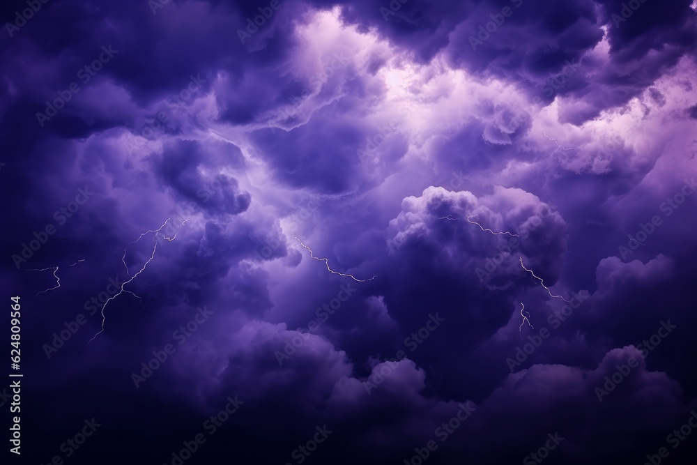 Dramatic background texture of dark storm clouds before a thunderstorm in rainy weather. Captivating purple clouds create an intense atmosphere. Generative AI