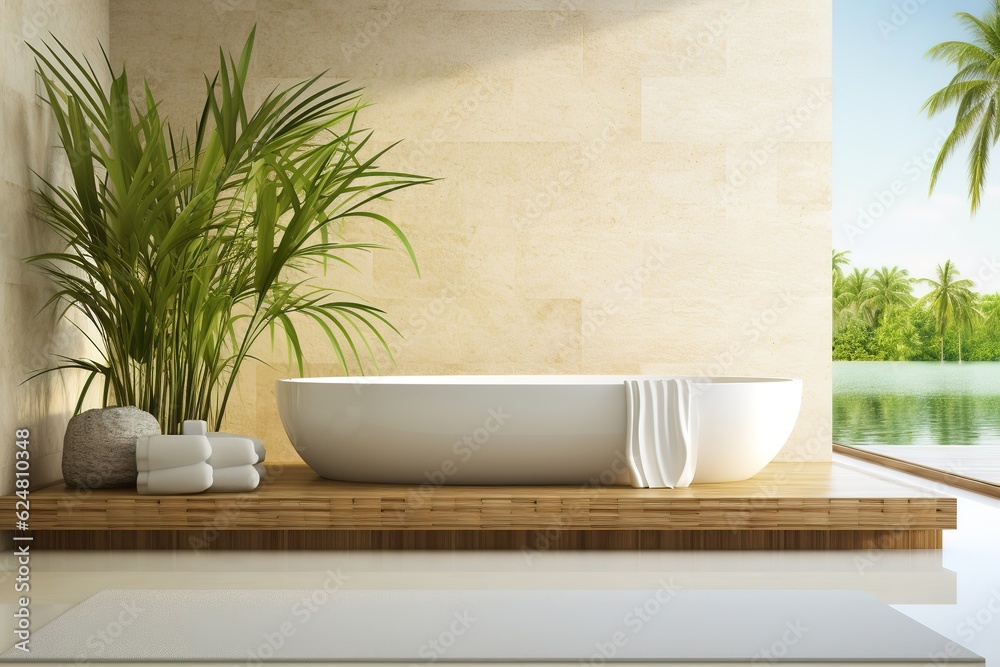 Luxury interior bathroom modern outdoor bathtub and green exotic plants bananas palms leaves in Villa Bali Indonesia, hotel spa, sunlight, copyspace, generative ai. Luxury interior bathroom modern outdoor bathtub and green exotic plants bananas palms leaves in Villa Bali Indonesia, hotel spa, sunlight, copyspace, generative ai.