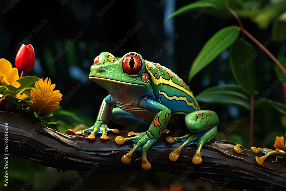Tree frog in a dark forest. Generative AI Tree frog in a dark forest. Generative AI