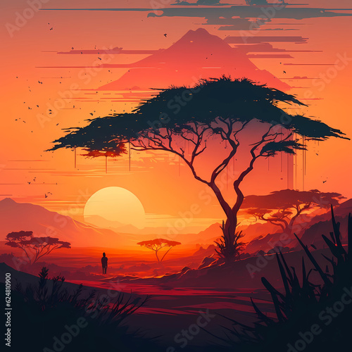 Savanna background with beautiful sunset