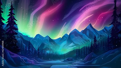 Abstract background north light. The mesmerizing beauty of the Northern Lights with an illustration set against an forest background in a captivating banner. Generative AI.