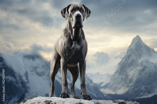 Dane dog standing in a mountain landscape created with Generative AI technology