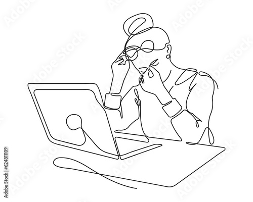 Girl is Tired of working on a Laptop, line art illustration. The woman wants to Sleep. She holds a cup of Coffee in her hands and falls Asleep. Vector linear illustration, eye health and Fatigue.