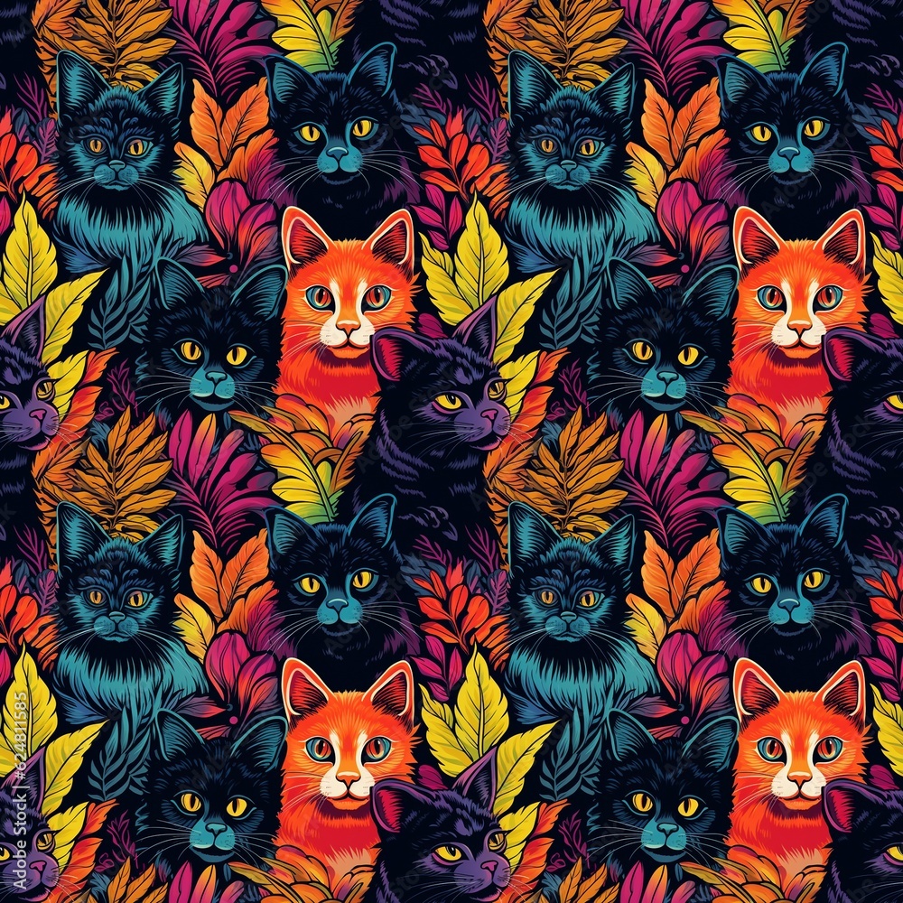 bright colorful seamless pattern with cartoon black and red cats and plants in the style of the 90s. generated ai bright colorful seamless pattern with cartoon black and red cats and plants in the style of the 90s. generated ai