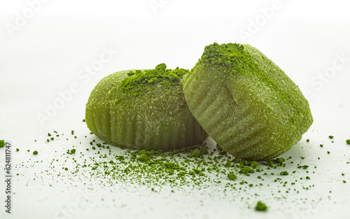 mochi with green teas on a white background