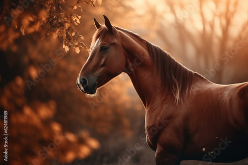 Horse closeup in an autumn backlight. Generative AI