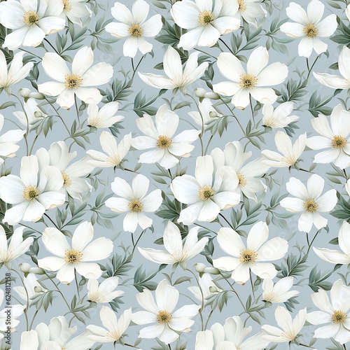 abstract floral seamless pattern of delicate white flowers and leaves on a light gray background. generated ai