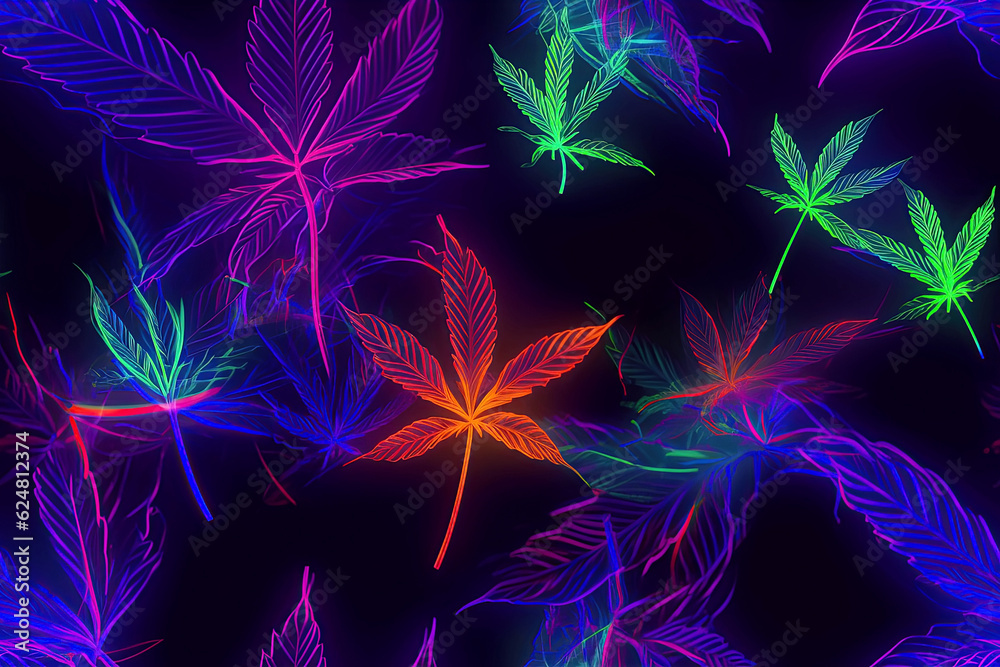 Psychedelic neon background with seamless marijuana cannabis leaf pattern. Generative AI Psychedelic neon background with seamless marijuana cannabis leaf pattern. Generative AI