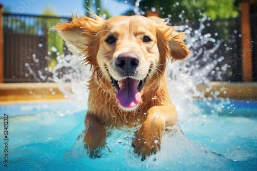 Golden retriever dog jumping in water created with Generative AI technology