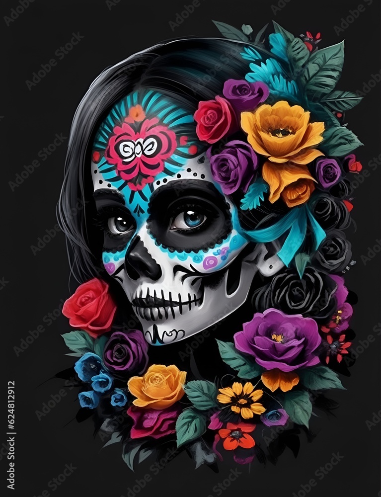holy death girl skull with flowers on her head