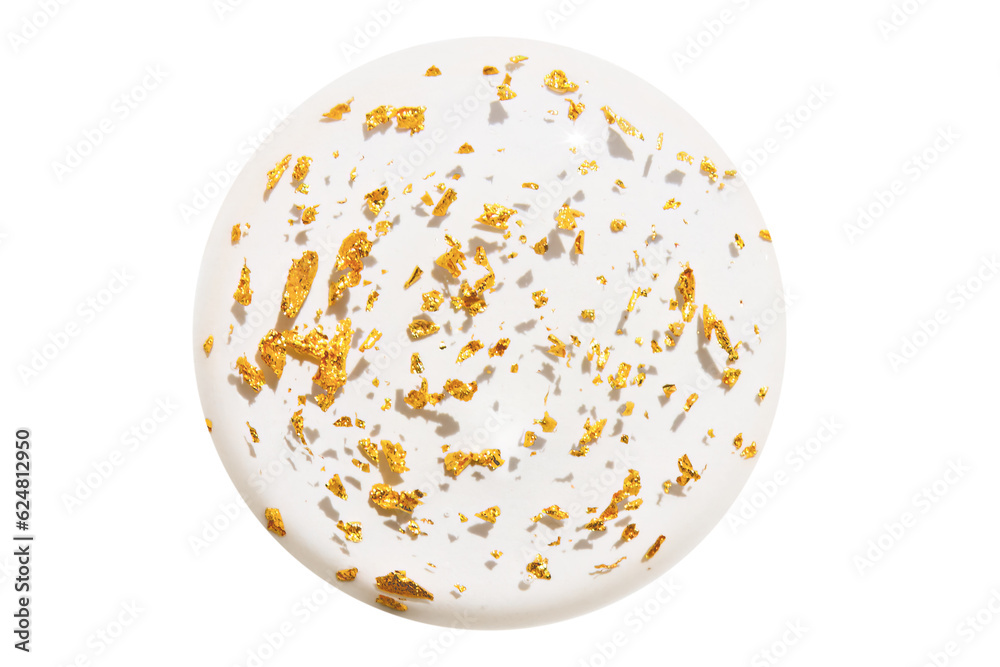 Transparent serum, serum, gel with splashes of 24 carat gold. Isolated drop.