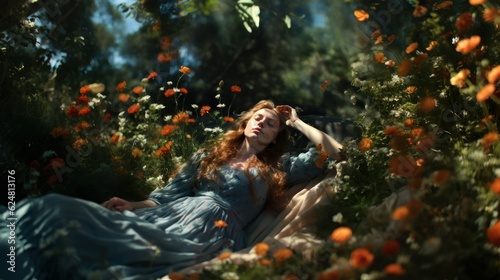 A beautiful ginger woman wearing an elegant dress laying and sleeping in the grass. Realistic Digital Painting. Generative AI illustration.