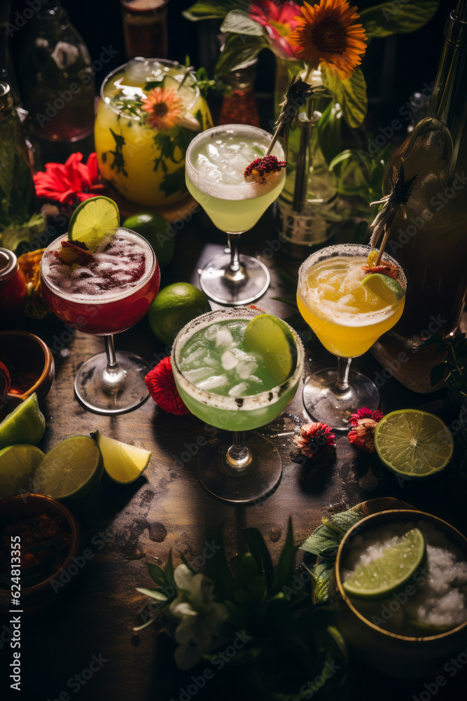 A unique mexican margarita cocktail, surrounded by peppers, limes and floral. A unique mexican margarita cocktail, surrounded by peppers, limes and floral.