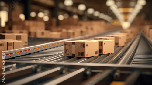 Close-up of multiple cardboard box packages moving along a conveyor belt in a warehouse