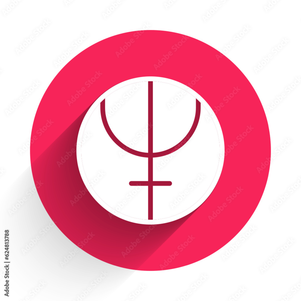 White Neptune planet symbol icon isolated with long shadow background. Astrology, numerology, horoscope, astronomy. Red circle button. Vector White Neptune planet symbol icon isolated with long shadow background. Astrology, numerology, horoscope, astronomy. Red circle button. Vector