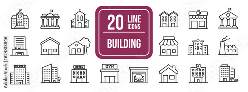Building simple minimal thin line icons. Related skyscrapers, church, museum, school. Editable stroke. Vector illustration. 