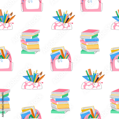 Back to school seamless pattern. Backpack with books, pencil case with writing supplies, rulers, stack of books. Education concept. Vector illustration isolated on white background