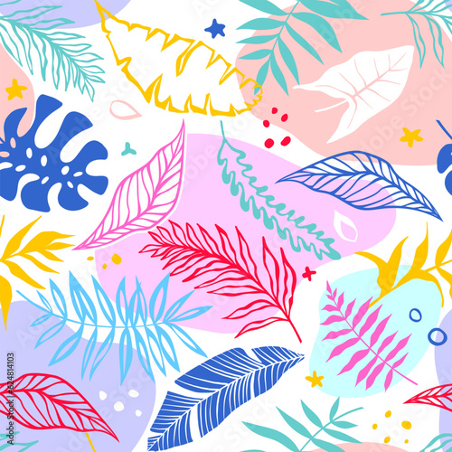 Seamless background with jungle plants. Palm leaves. Floral exotic hawaiian wallpaper. Summer tropical leaf.