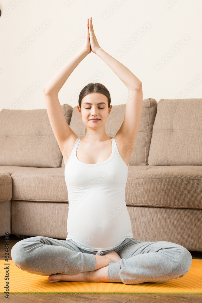 beautiful young pregnant woman sitting on mat in yoga pose at the home. Pregnancy Yoga and Fitness concept at coronavirus time beautiful young pregnant woman sitting on mat in yoga pose at the home. Pregnancy Yoga and Fitness concept at coronavirus time