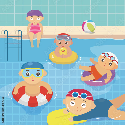 Children swimming in the pool.