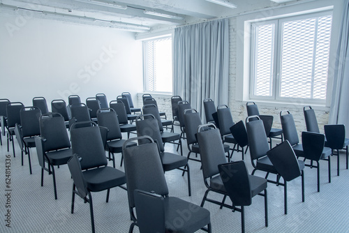 Clear conference room  classroom. White brick wall.