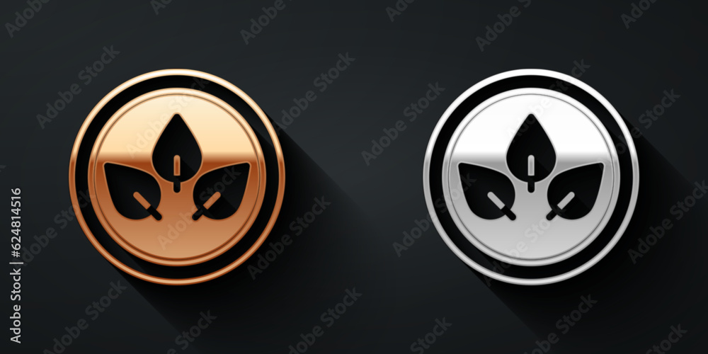 Fototapeta premium Gold and silver Vegan food diet icon isolated on black background. Organic, bio, eco symbol. Vegan, no meat, lactose free, healthy, fresh and nonviolent food. Long shadow style. Vector