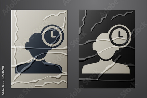 White Insomnia icon isolated on crumpled paper background. Sleep disorder with capillaries and pupils. Fatigue and stress. Paper art style. Vector