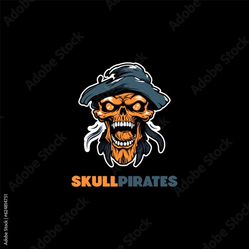 Valokuvatapetti A skull dressed in pirate costume with hat logo design template vector icon illu