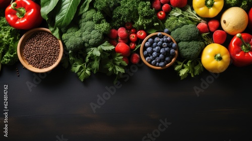 Top view vegetables and fruits for healthy food concept isolated on Black background.with a copy space. Generative Ai