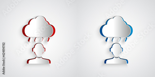 Paper cut Depression and frustration icon isolated on grey background. Man in depressive state of mind. Mental health problems. Paper art style. Vector