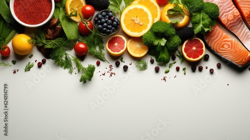Top view vegetables and fruits for healthy food concept isolated on white background.with a copy space. Generative Ai