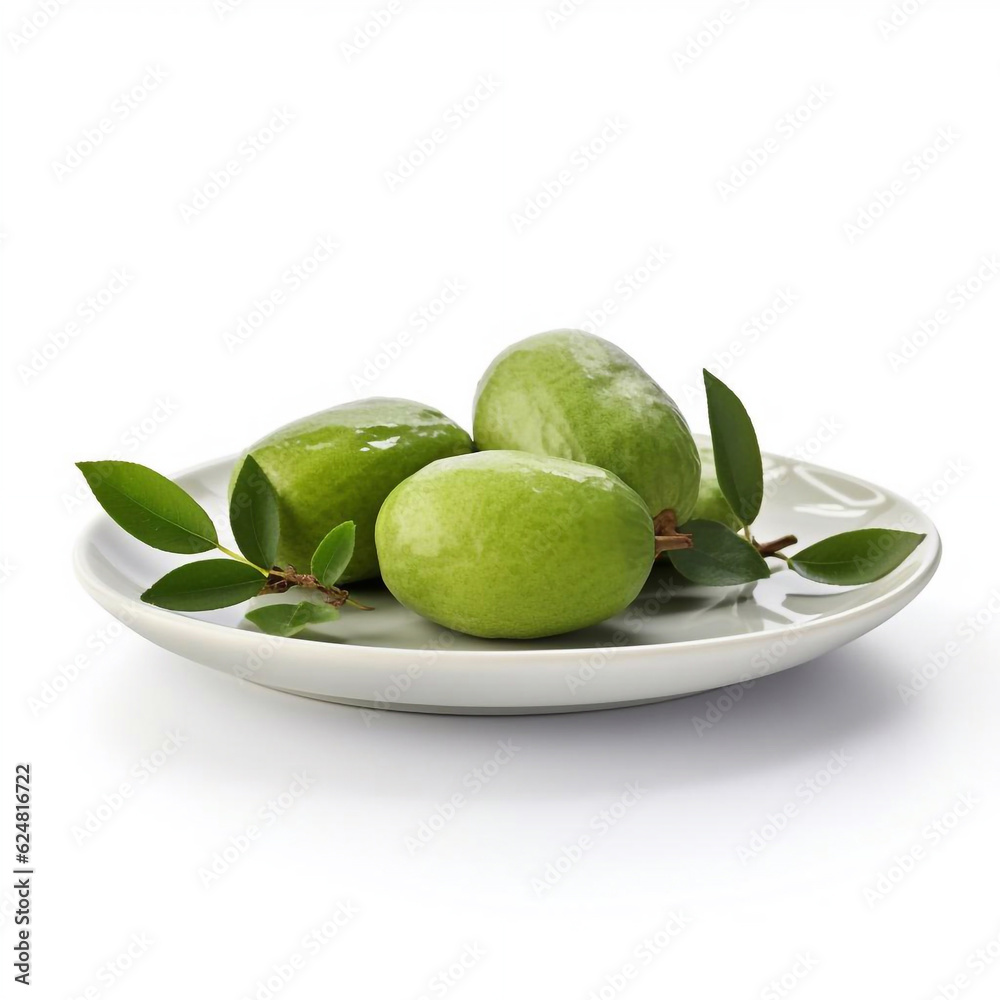 Juicy delicious feijoa lies on beautiful plate, Ai generated Juicy delicious feijoa lies on beautiful plate, Ai generated