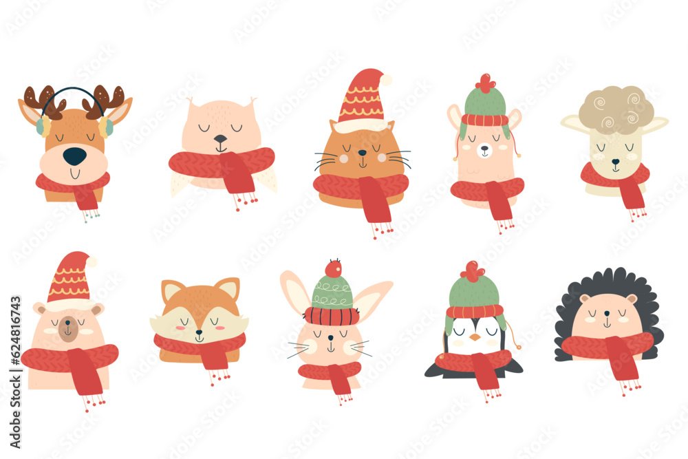 A set of Christmas boho animals in a scarf and a hat. Winter, autumn