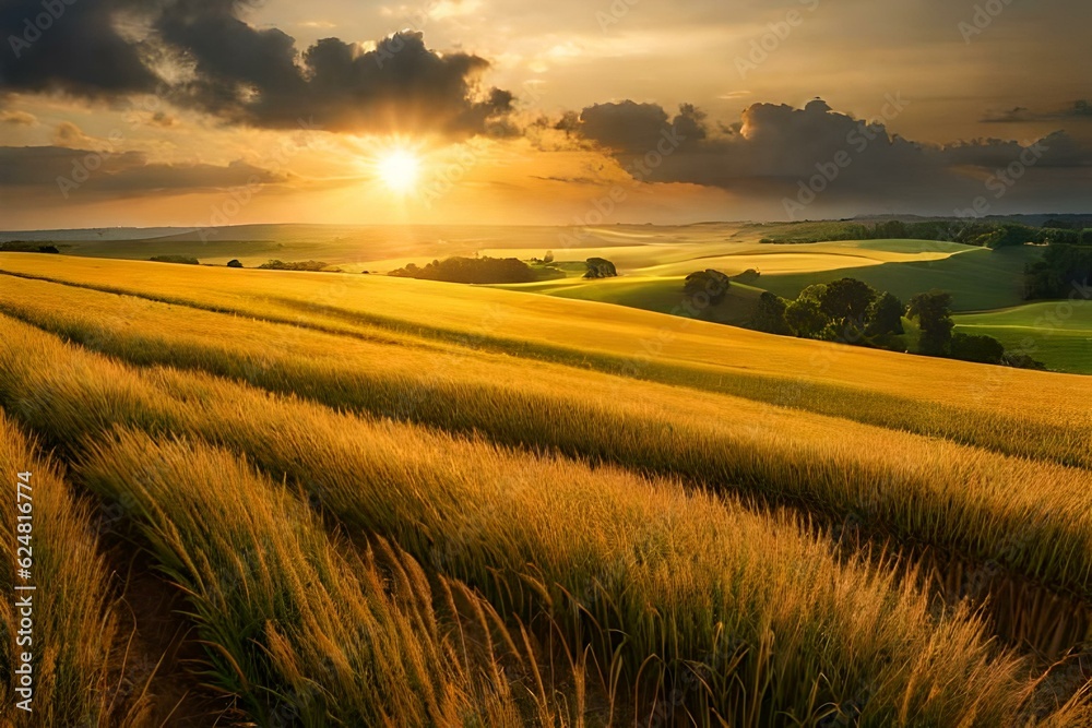 wheat field at sunset generated Ai