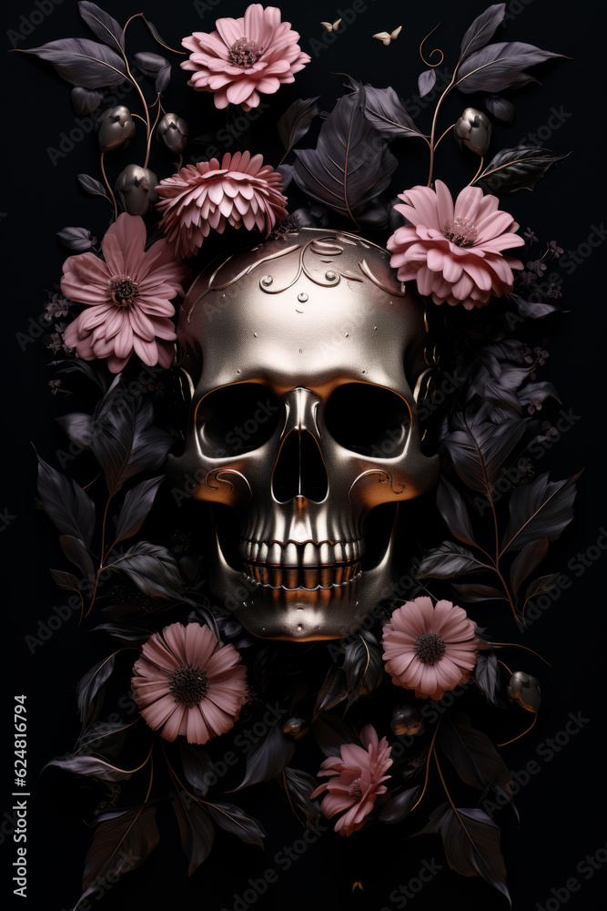 A gold ornate skull surrounded by black and pink flowers and leaves A gold ornate skull surrounded by black and pink flowers and leaves