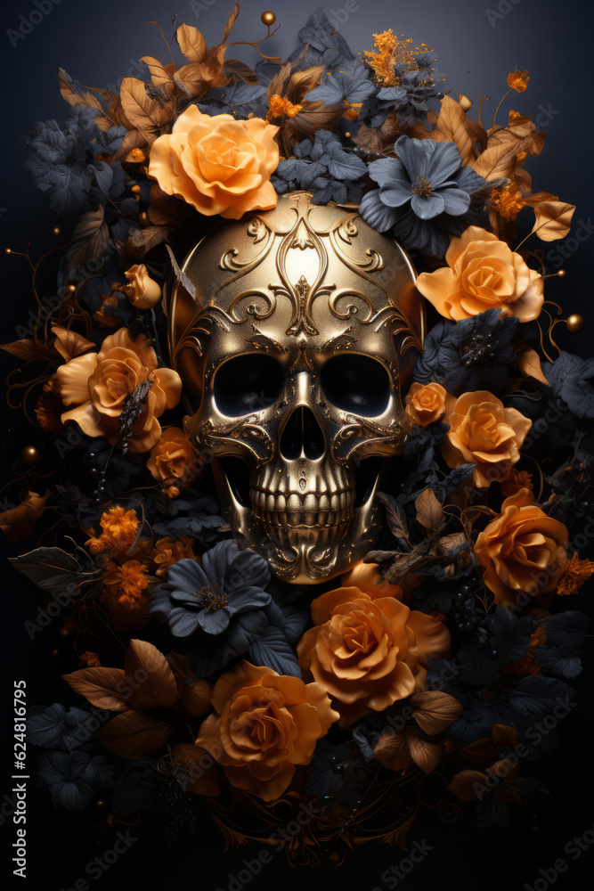An ornate gold skull surrounded by black and orange flowers and leaves