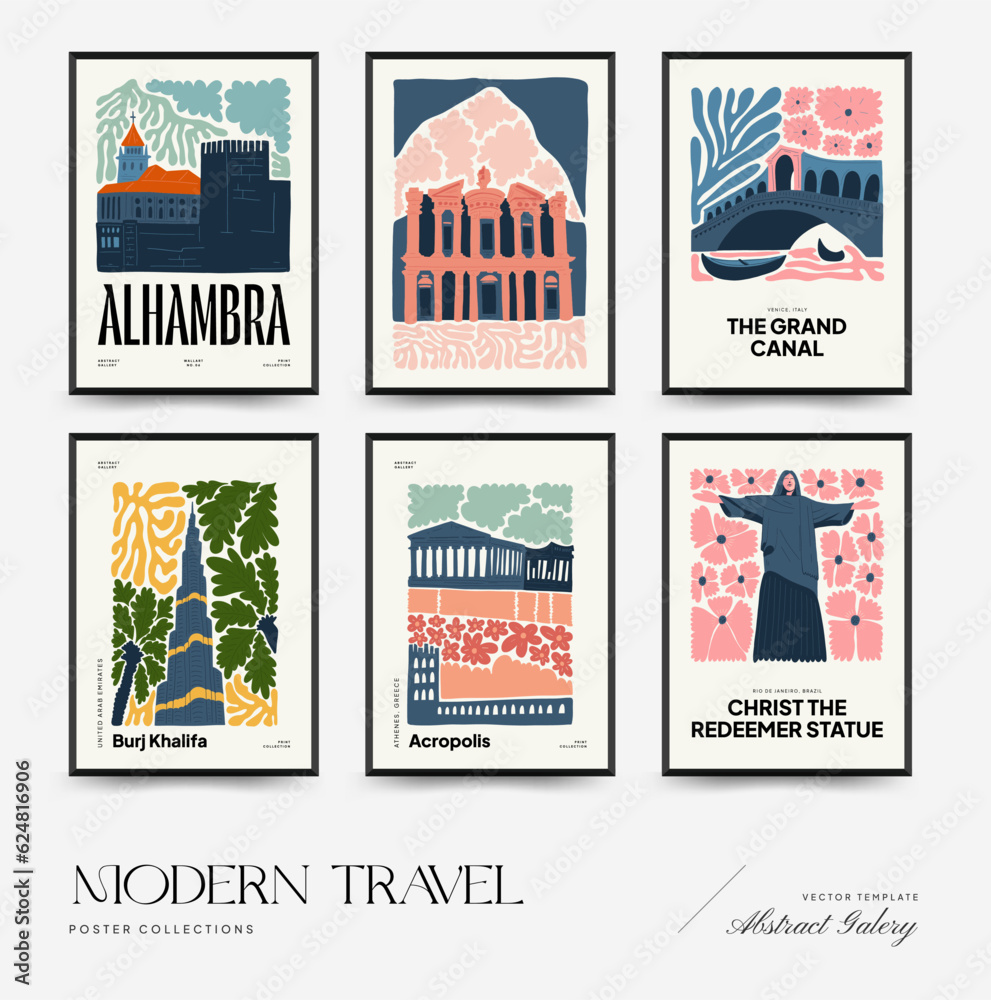 Naklejka premium Abstract travel and floral posters template. Modern trendy Matisse minimal style. Floral poster, landmark. Hand drawn design for wallpaper, wall decor, print, postcard, cover, template, banner. 