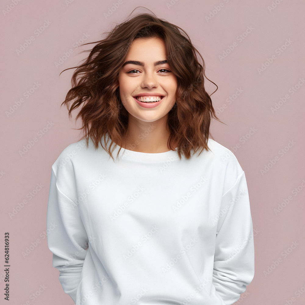 gorgeous lady in white mockup sweater , standing in pink studio background ai generated art gorgeous lady in white mockup sweater , standing in pink studio background ai generated art