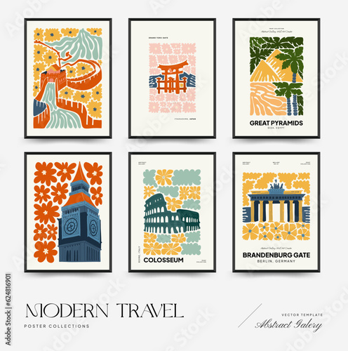 Abstract travel and floral posters template. Modern trendy Matisse minimal style. Floral poster, landmark. Hand drawn design for wallpaper, wall decor, print, postcard, cover, template, banner. 