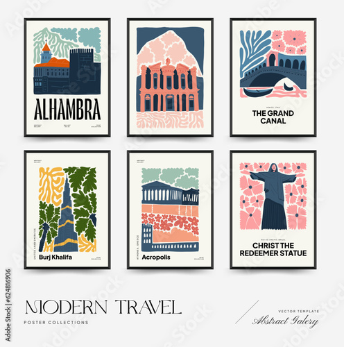 Abstract travel and floral posters template. Modern trendy Matisse minimal style. Floral poster, landmark. Hand drawn design for wallpaper, wall decor, print, postcard, cover, template, banner. 