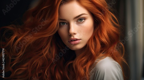 Portrait. Handsome young 20 years woman with red long hair, fashion model.